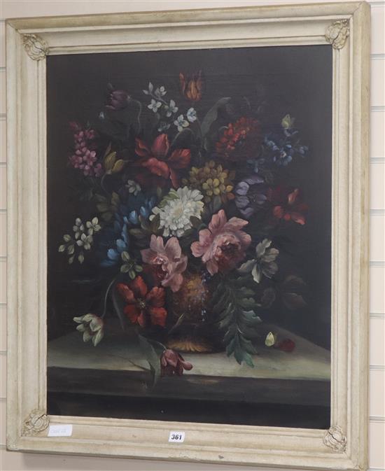 English School, oil on canvas, Still life of flowers in a vase on a ledge, 74 x 61cm